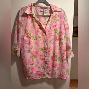 White Stag Peplum‎ Sleeve Floral Sheer Top Built In Tank Top Size 16W
